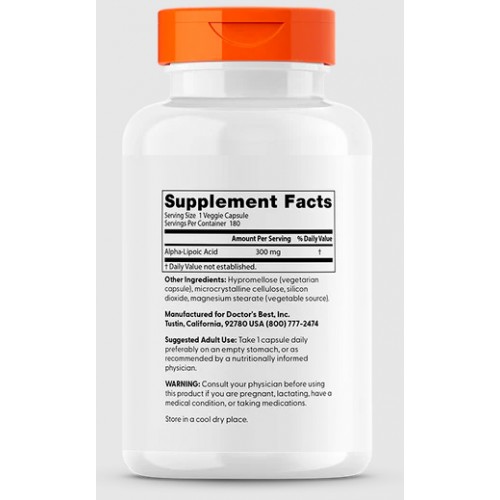 Doctor's Best, альфа-липоевая кислота, 300 мг, 180 вегетарианских капсул